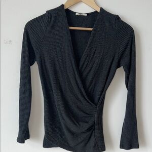 3/$15 Chic Dark Grey Charcoal Ribbed Wrap Blouse | S